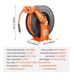 VEVOR Retractable Air Hose Reel 65FT Rubber Air Compressor Hose Reel Auto-Rewind