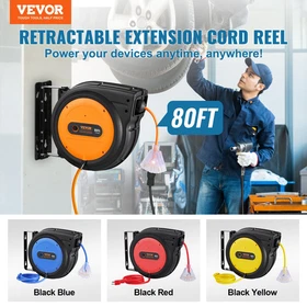 VEVOR Retractable Extension Cord Reel, 80 FT, Heavy Duty 12AWG/3C SJTOW Retracta