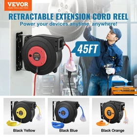 VEVOR Retractable Extension Cord Reel, 45 FT, Heavy Duty 12AWG/3C SJTOW Retracta