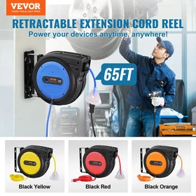 VEVOR Retractable Extension Cord Reel, 65 FT, Heavy Duty 12AWG/3C SJTOW Retracta