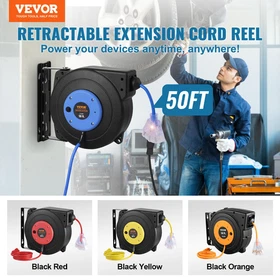 VEVOR Retractable Extension Cord Reel, 50 FT, Heavy Duty 14AWG/3C SJTOW Retracta