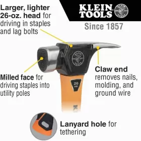 832-26 KLEIN TOOLS Linemans Claw Milled Hammer Fiberglass Hea #2