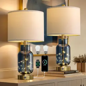 OYS-AMZ-T1126BL-U ONEACH Glass Table Lamps Set Led Usb Ports