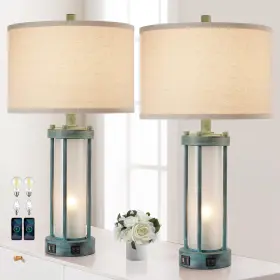RO-8907 RORIA Table Lamps Set Usb Ports Farmhouse