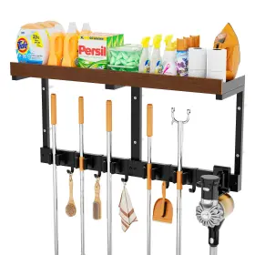 BH01 SEENWUUN Broom Holder Wall Mount Cleaning Organizer Rack
