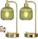 Qimh Industrial Table Lamp for Bedroom Set of 2, Green Glass beside Lamp with US