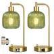 QiMH Industrial Table Lamp for Bedroom Set of 2, Green Glass Gold&Green 